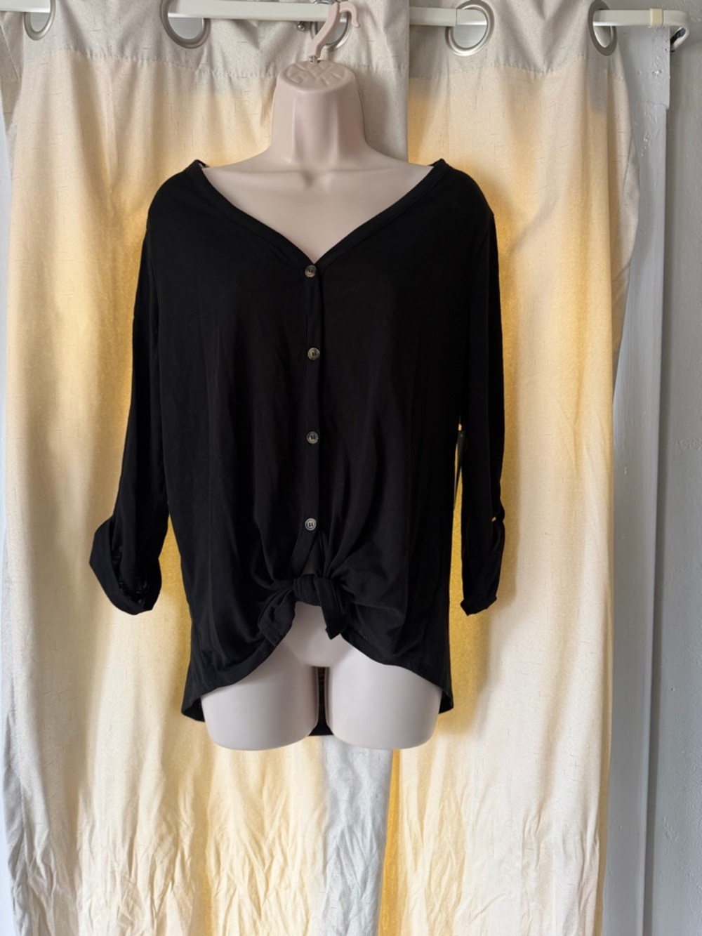 No Boundaries Black Button-Front V-Neck Tie Hem Top